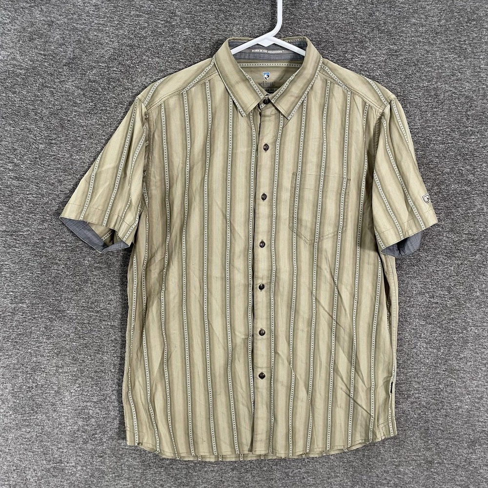 Kuhl Shirt Mens Medium Beige Striped Cotton Short Sleeve Button The Bohemian